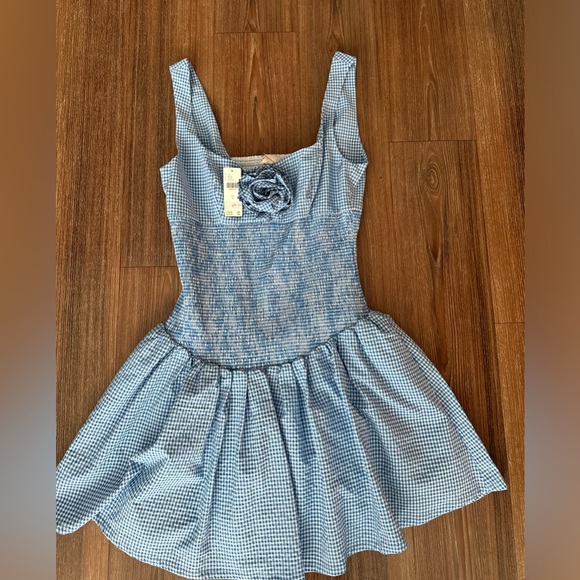 Maeve Dresses & Skirts - Anthropologie Maeve Blue Checkered Mini Dress with Floral Accent